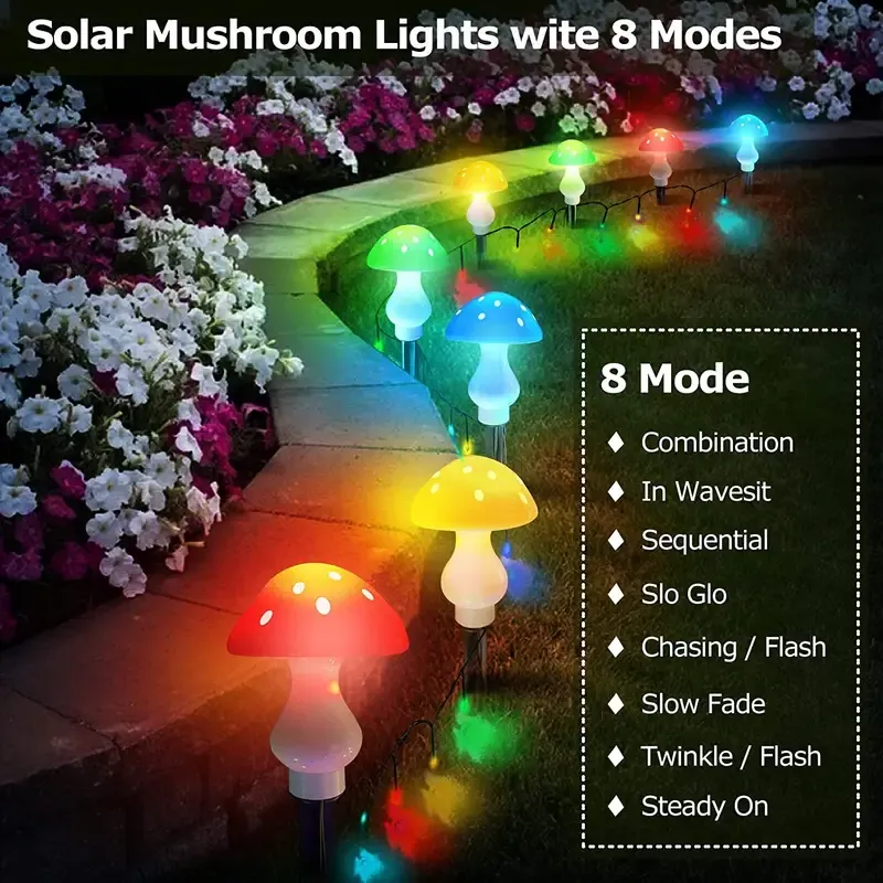 solar mushroom light illuminating garden