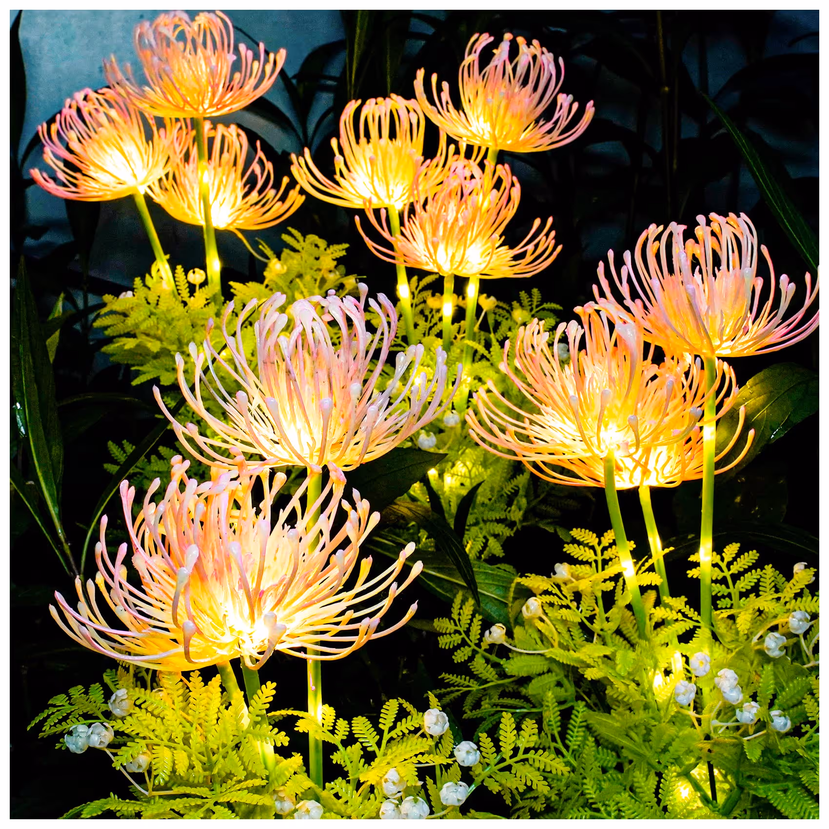 solar glowing flowers light illuminating garden